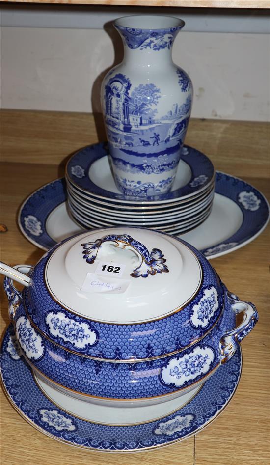 A Losol ware Cranford soup tureen and cover and ladle, meat dish and 10 soup plates and a Spode vase